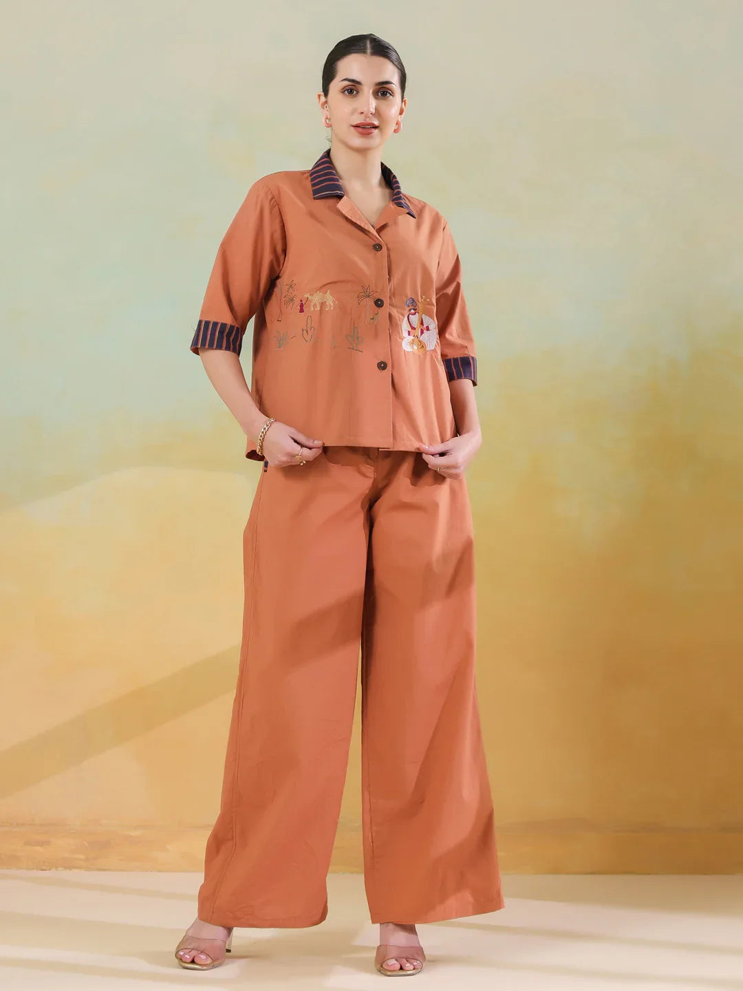 Brown Polyester Shirt Collar Co-Ord Set For Women - SanskrutiHomes 
