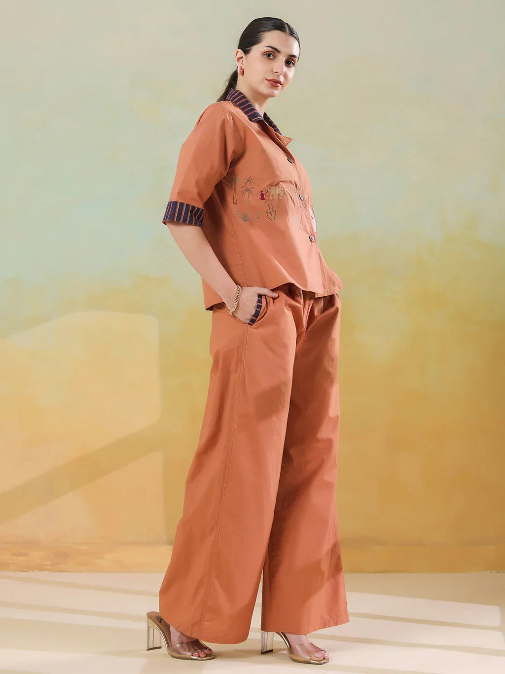 Brown Polyester Shirt Collar Co-Ord Set For Women - SanskrutiHomes 