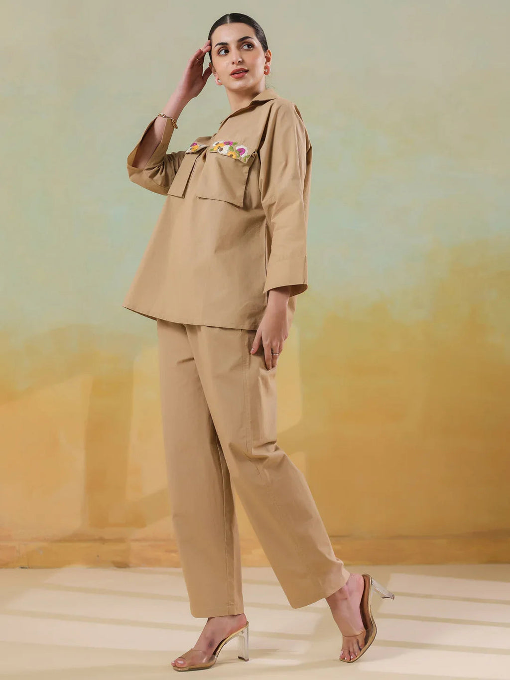 Cream Color Shirt Collar Polyester Co-ords Set for Women - SanskrutiHomes 