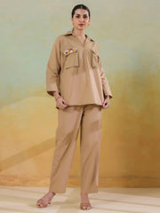Cream Color Shirt Collar Polyester Co-ords Set for Women - SanskrutiHomes 