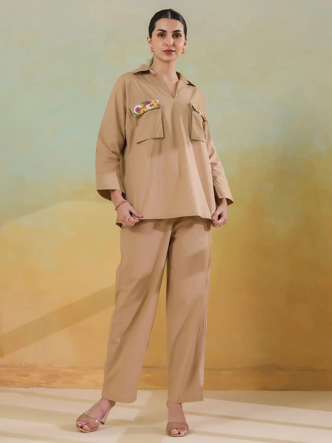 Cream Color Shirt Collar Polyester Co-ords Set for Women - SanskrutiHomes 