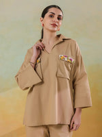 Cream Color Shirt Collar Polyester Co-ords Set for Women - SanskrutiHomes 