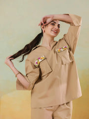 Cream Color Shirt Collar Polyester Co-ords Set for Women - SanskrutiHomes 
