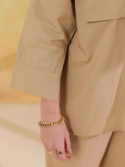 Cream Color Shirt Collar Polyester Co-ords Set for Women - SanskrutiHomes 