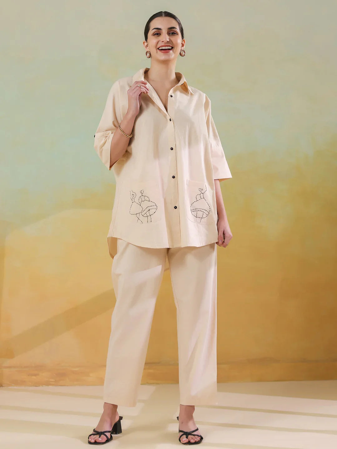 Cream Color Embroidered Co-ords Set for Women - SanskrutiHomes 