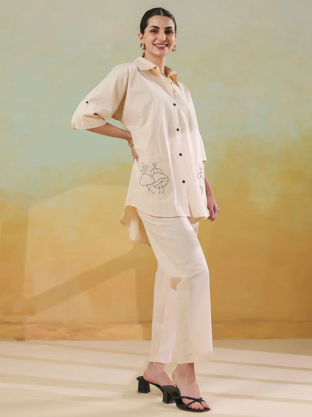 Cream Color Embroidered Co-ords Set for Women - SanskrutiHomes 