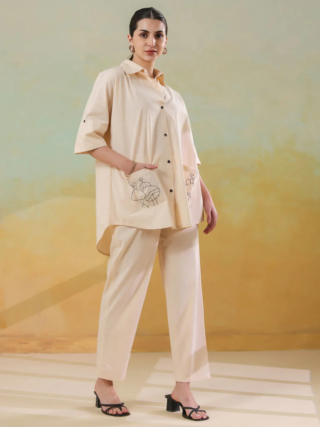 Cream Color Embroidered Co-ords Set for Women - SanskrutiHomes 