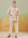 Cream Embroidered Pocket Shirt Collar Cotton Co-ord Set For Women