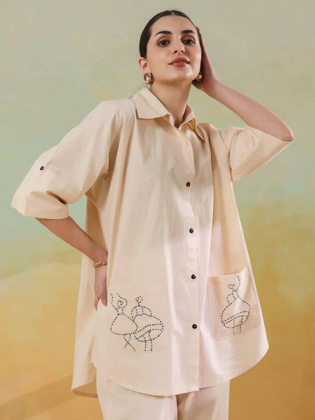 Cream Color Embroidered Co-ords Set for Women - SanskrutiHomes 