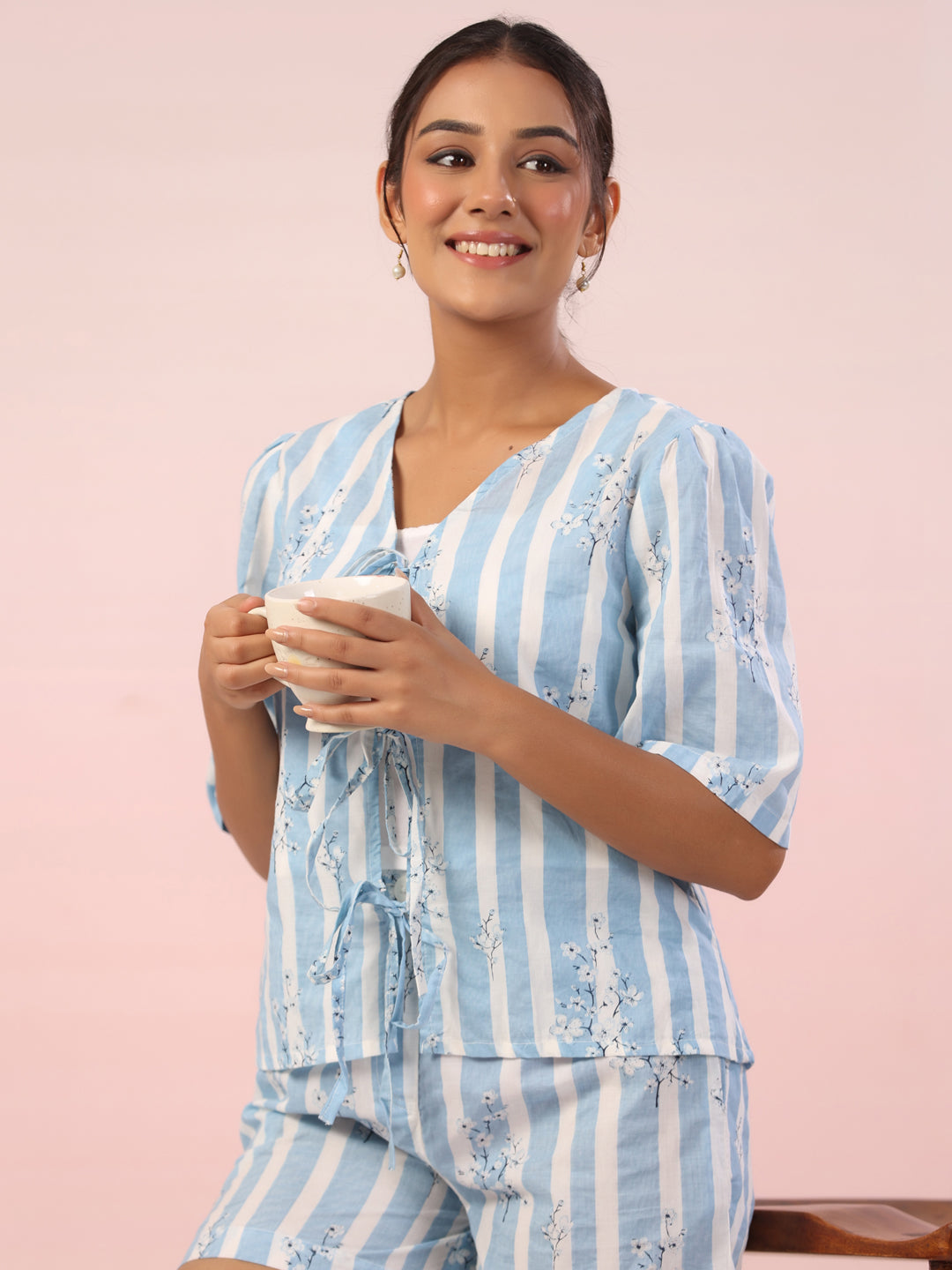 Blue Striped Printed Cotton Night Suit Shorts Set