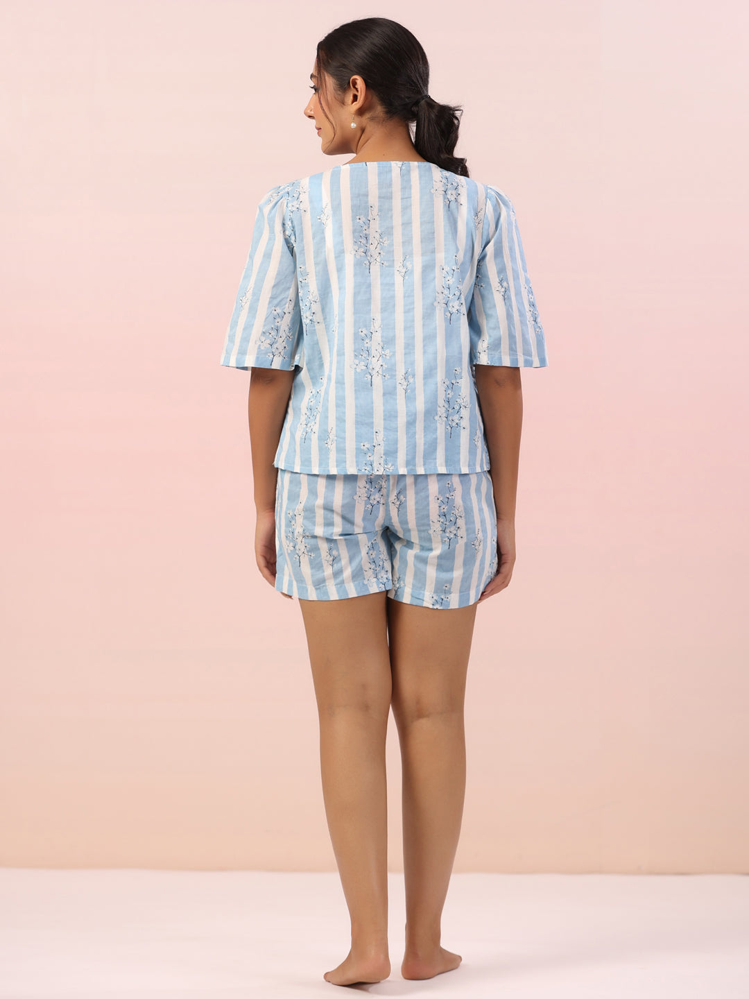 Blue Striped Printed Cotton Night Suit Shorts Set