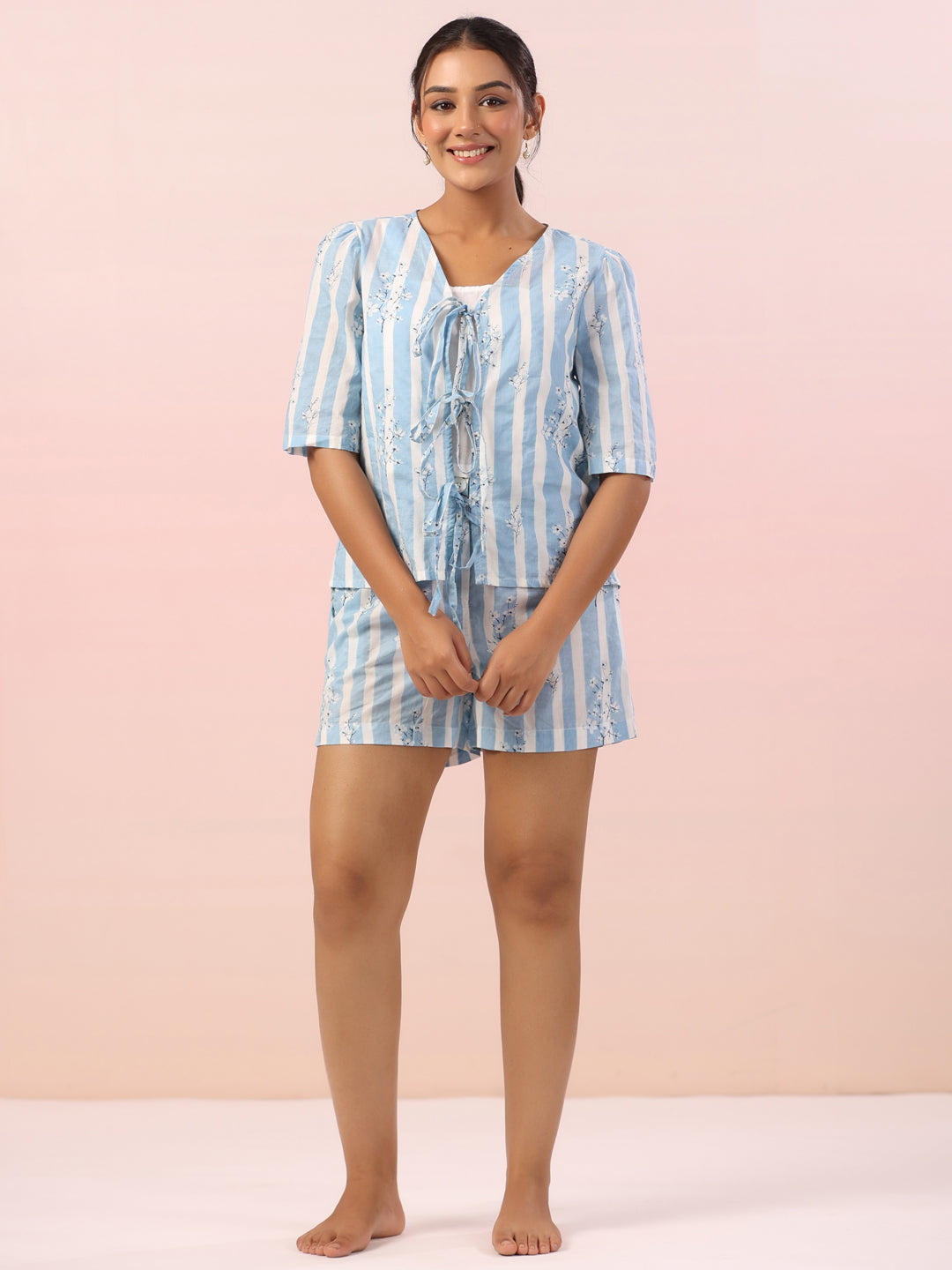 Blue Striped Printed Cotton Night Suit Shorts Set