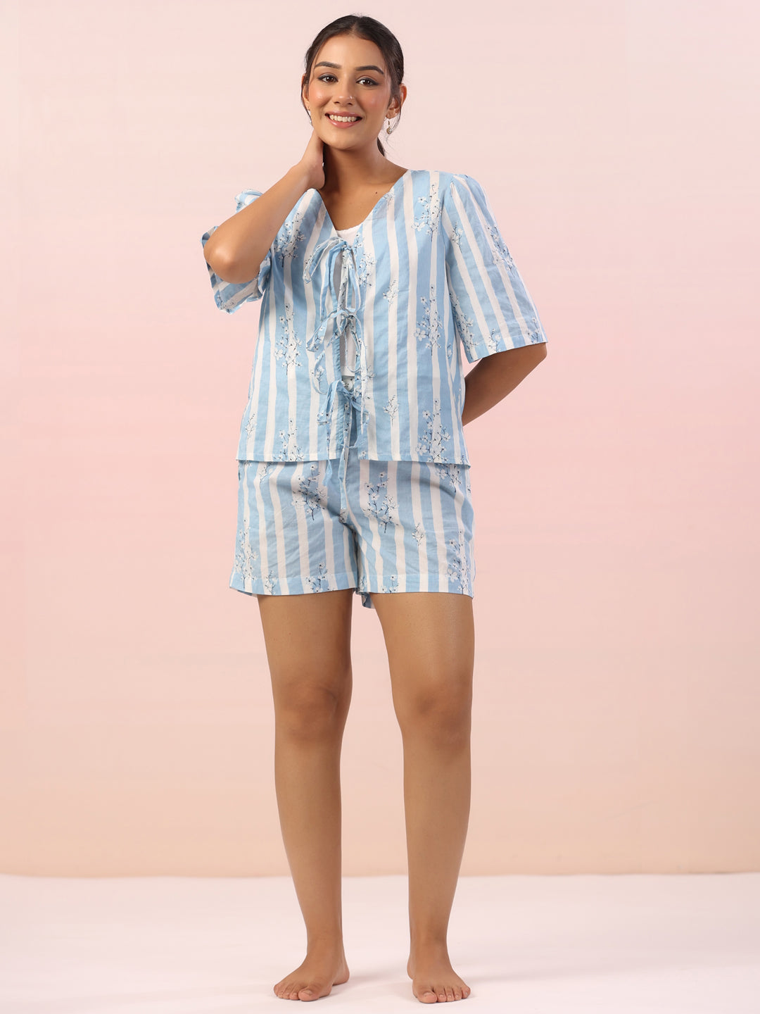 Blue Striped Printed Cotton Night Suit Shorts Set