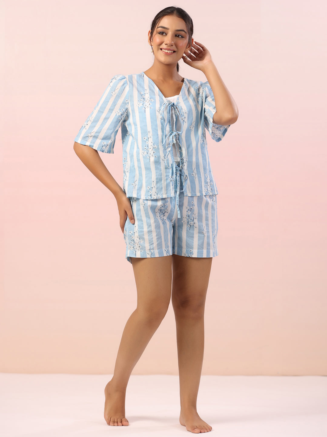 Blue Striped Printed Cotton Night Suit Shorts Set