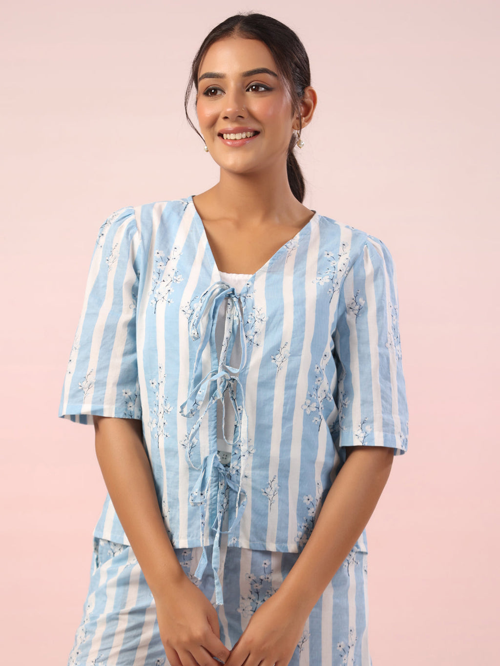 Blue Striped Printed Cotton Night Suit Shorts Set