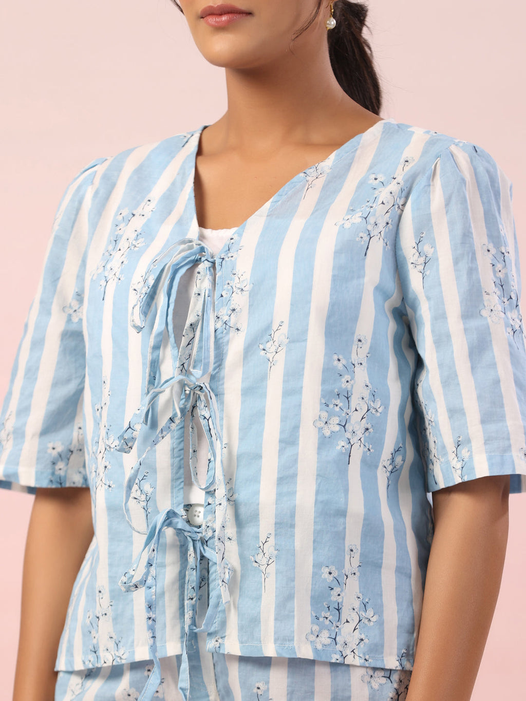 Blue Striped Printed Cotton Night Suit Shorts Set