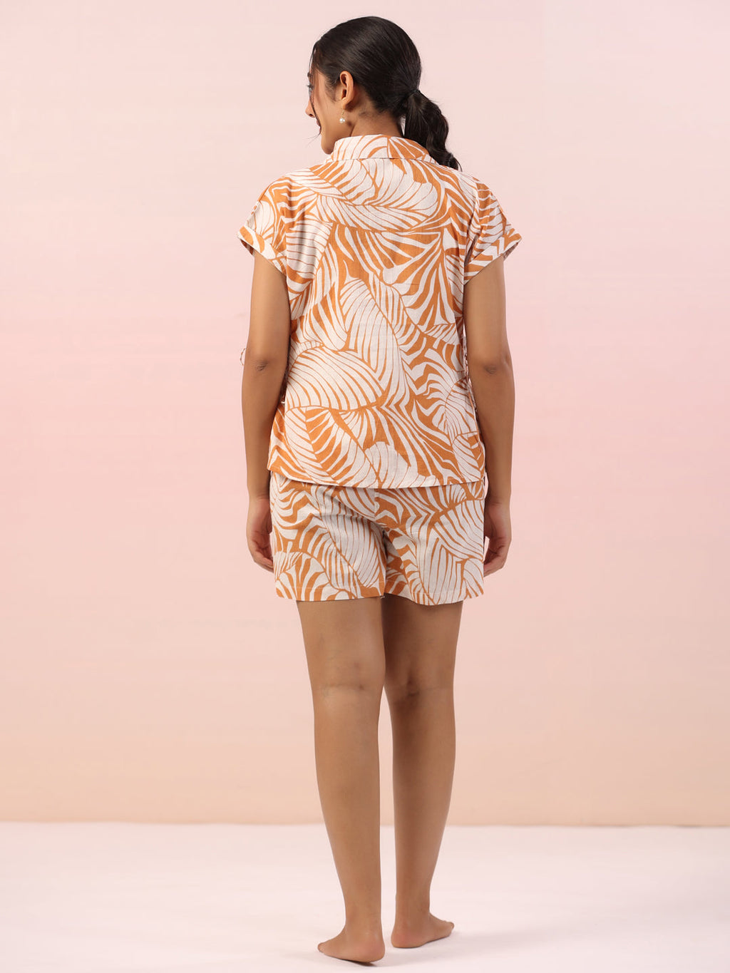 Orange Leaf Printed Night Suit With Shorts