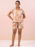 Orange Leaf Printed Night Suit With Shorts