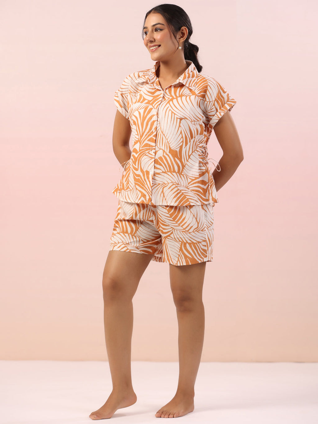 Orange Leaf Printed Night Suit With Shorts