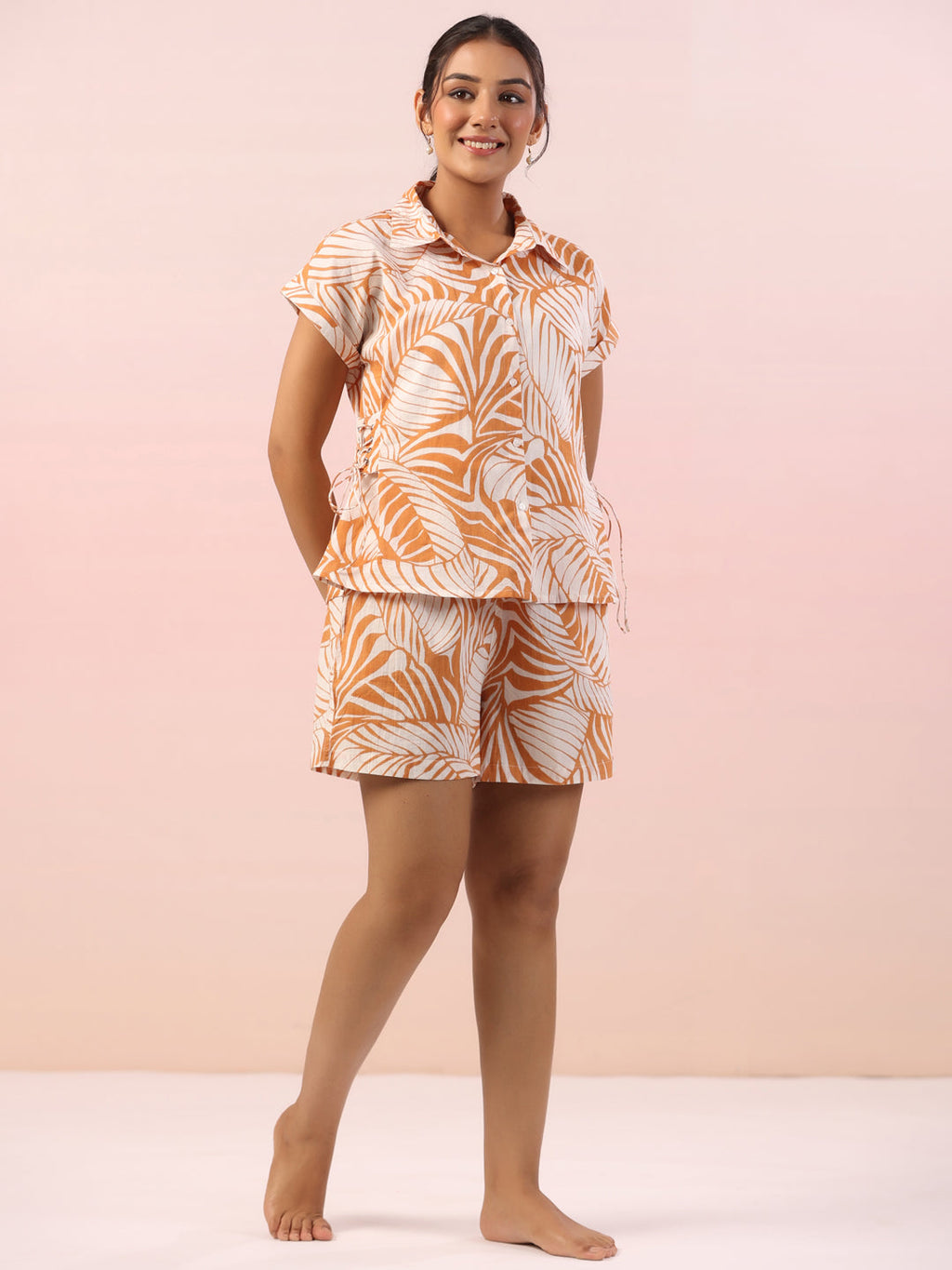 Orange Leaf Printed Night Suit With Shorts