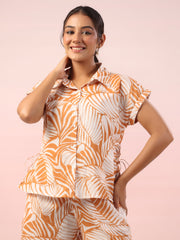 Orange Leaf Printed Night Suit With Shorts