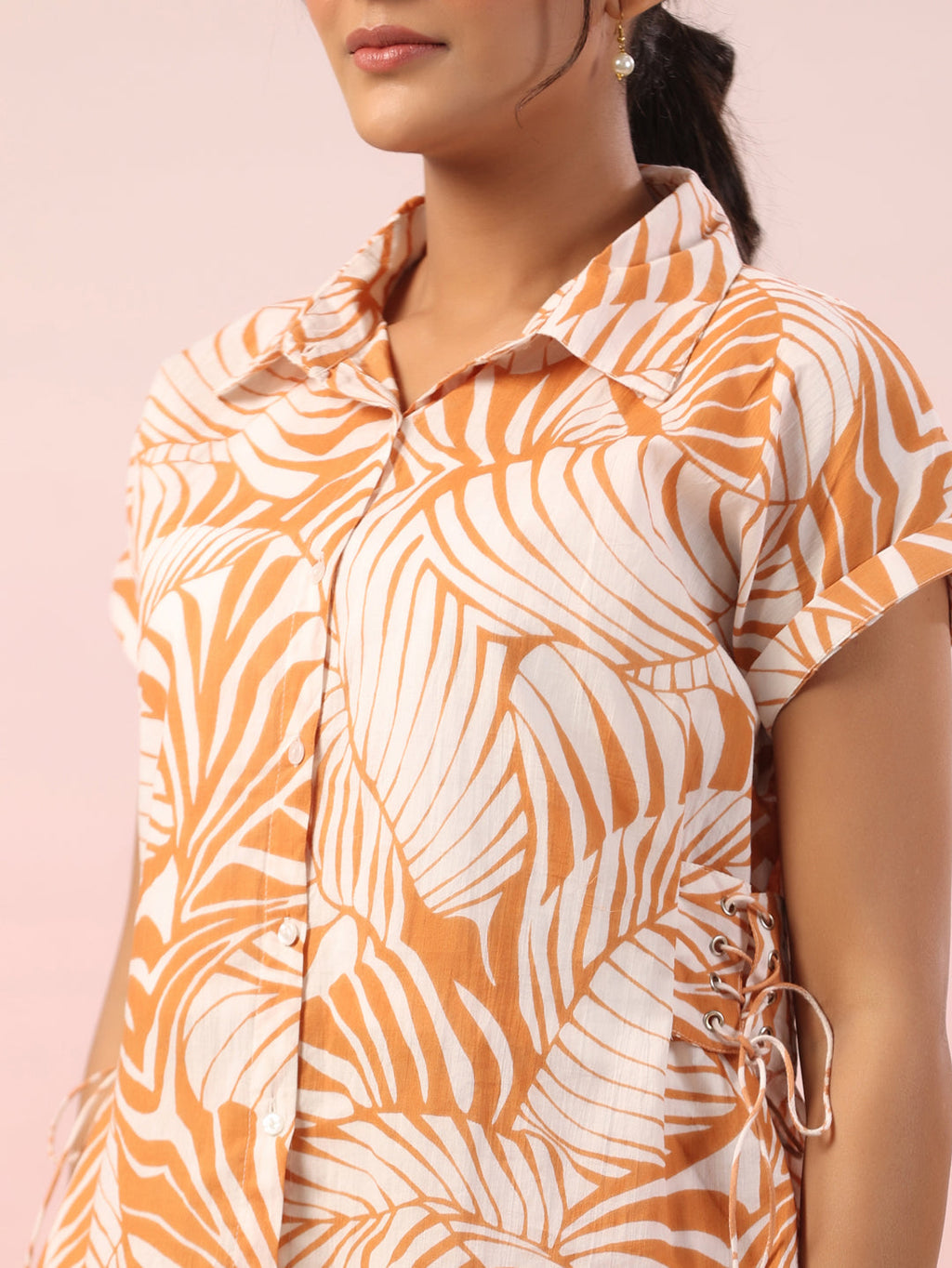 Orange Leaf Printed Night Suit With Shorts