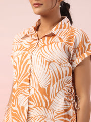Orange Leaf Printed Night Suit With Shorts