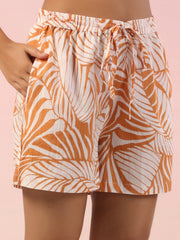 Orange Leaf Printed Night Suit With Shorts