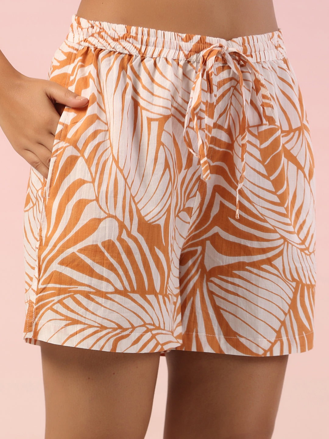 Orange Leaf Printed Night Suit With Shorts