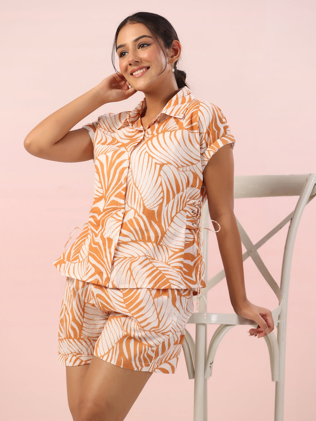 Orange Leaf Printed Night Suit With Shorts
