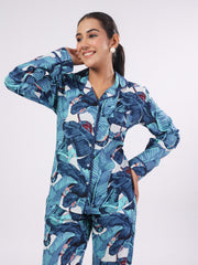 Blue Flower Printed Night Suit Set For Women