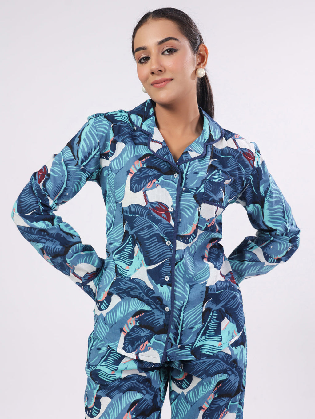 Blue Flower Printed Night Suit Set For Women