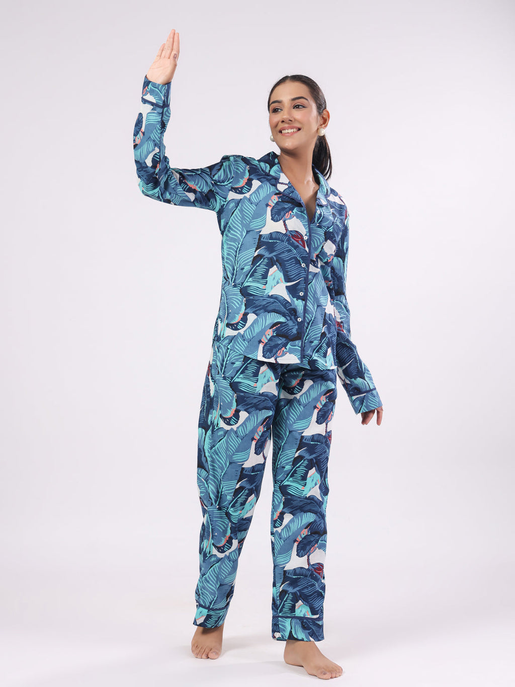Blue Flower Printed Night Suit Set For Women