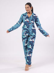 Blue Flower Printed Night Suit Set For Women