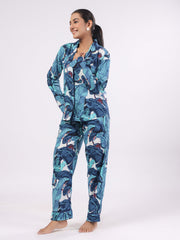 Blue Flower Printed Night Suit Set For Women