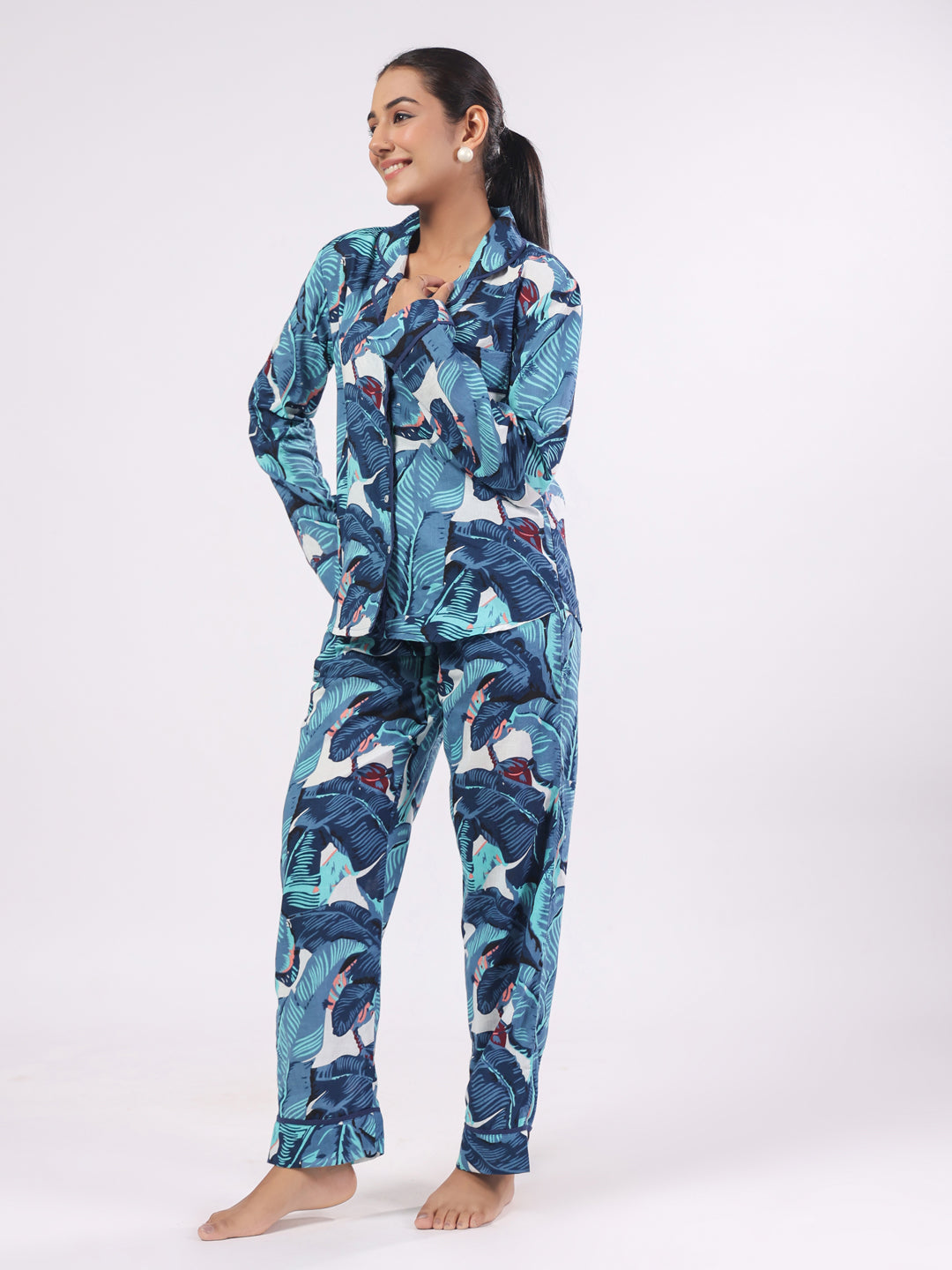 Blue Flower Printed Night Suit Set For Women