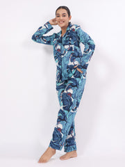 Blue Flower Printed Night Suit Set For Women