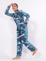 Blue Flower Printed Night Suit Set For Women