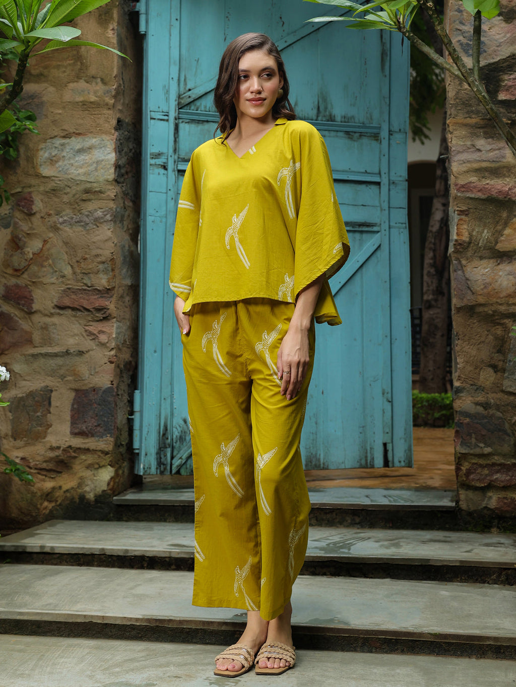 Yellow Printed Cotton Night Suit Set