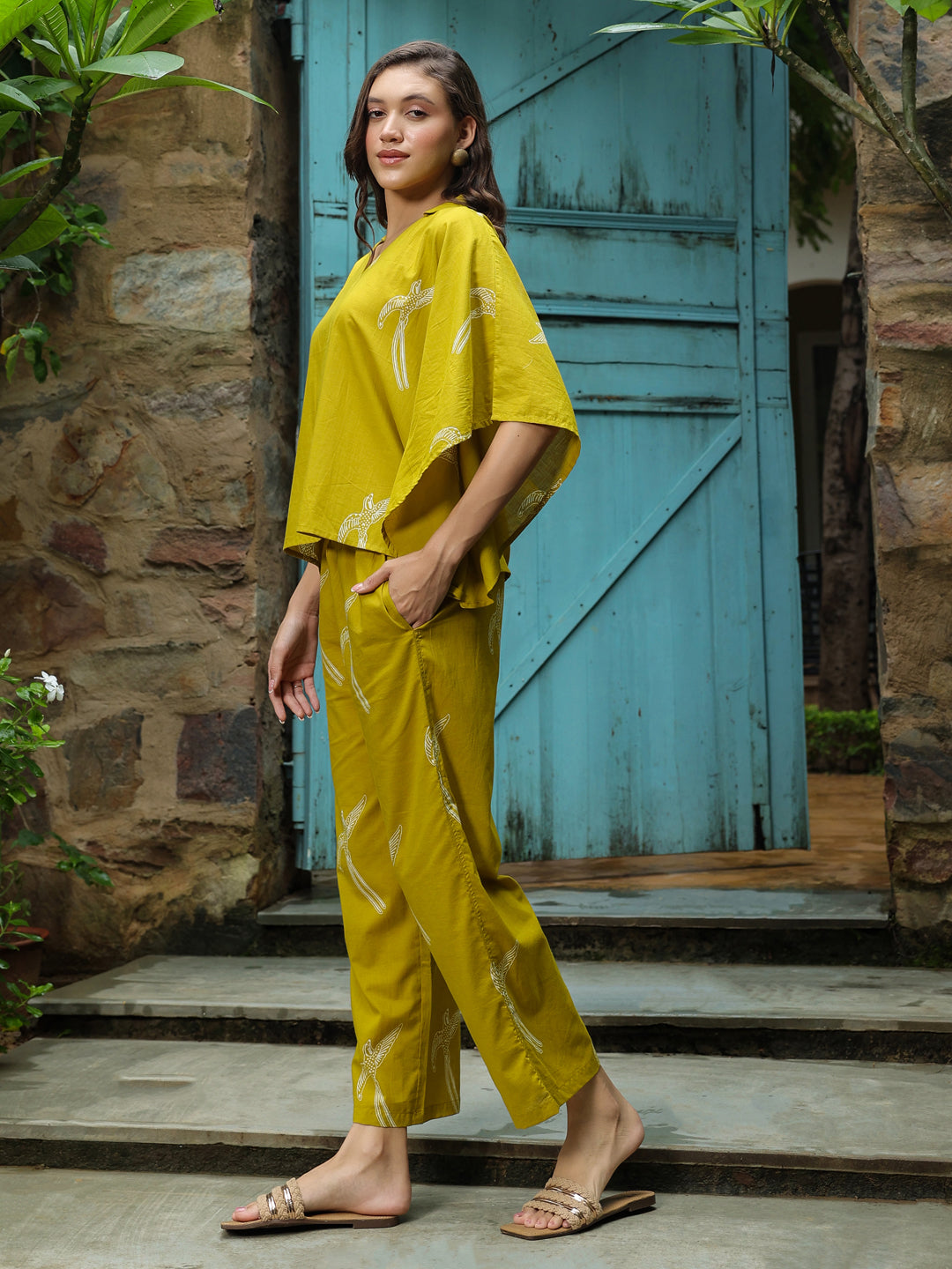 Yellow Printed Cotton Night Suit Set