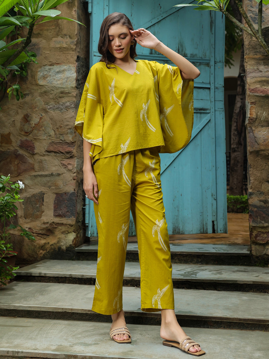 Yellow Printed Cotton Night Suit Set