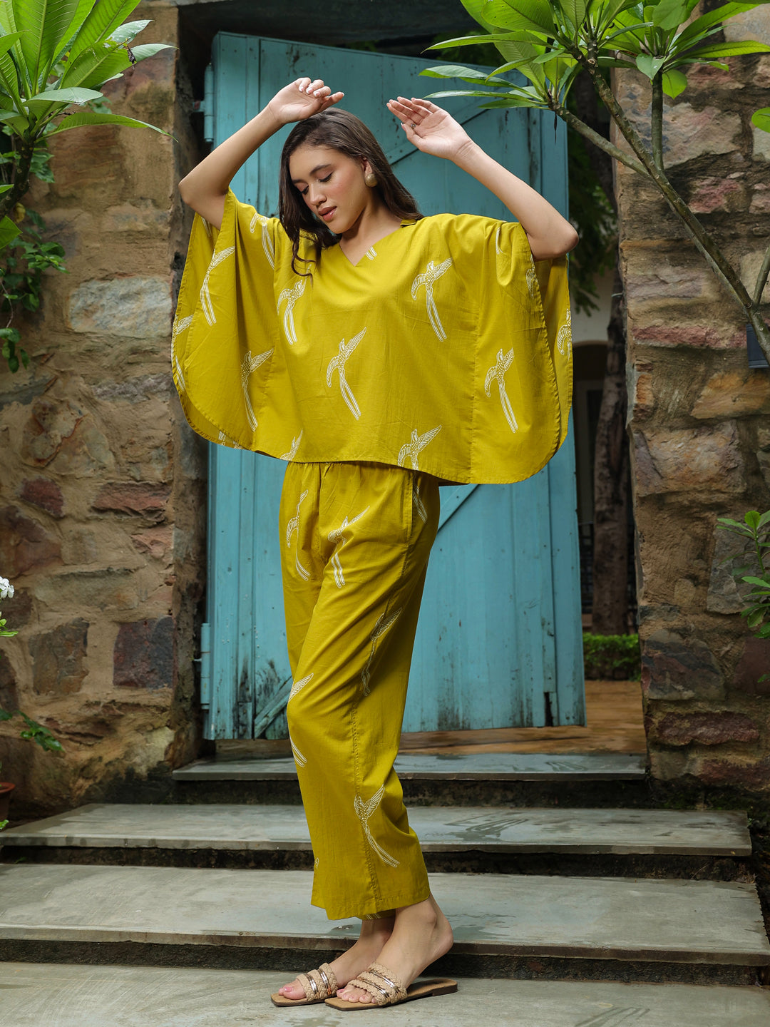 Yellow Printed Cotton Night Suit Set