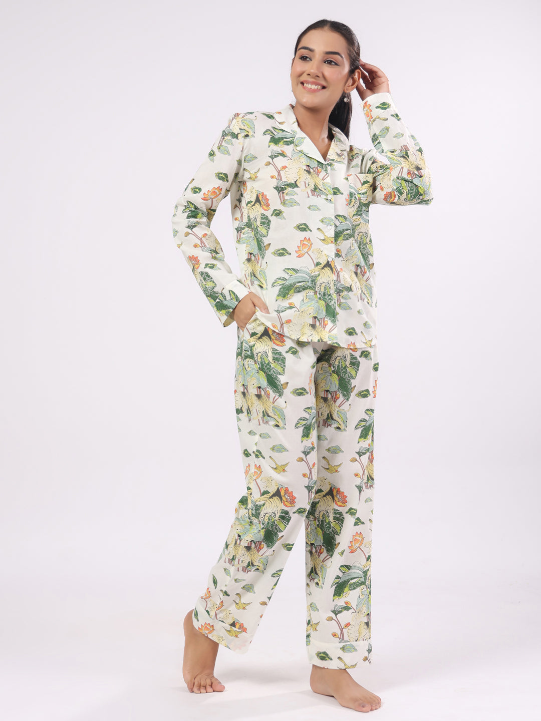 Cotton Flower Printed Night Suit Set For Women