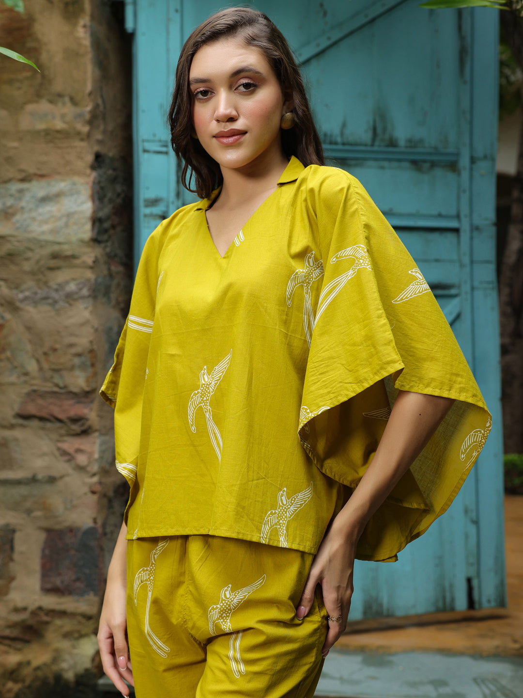 Yellow Printed Cotton Night Suit Set
