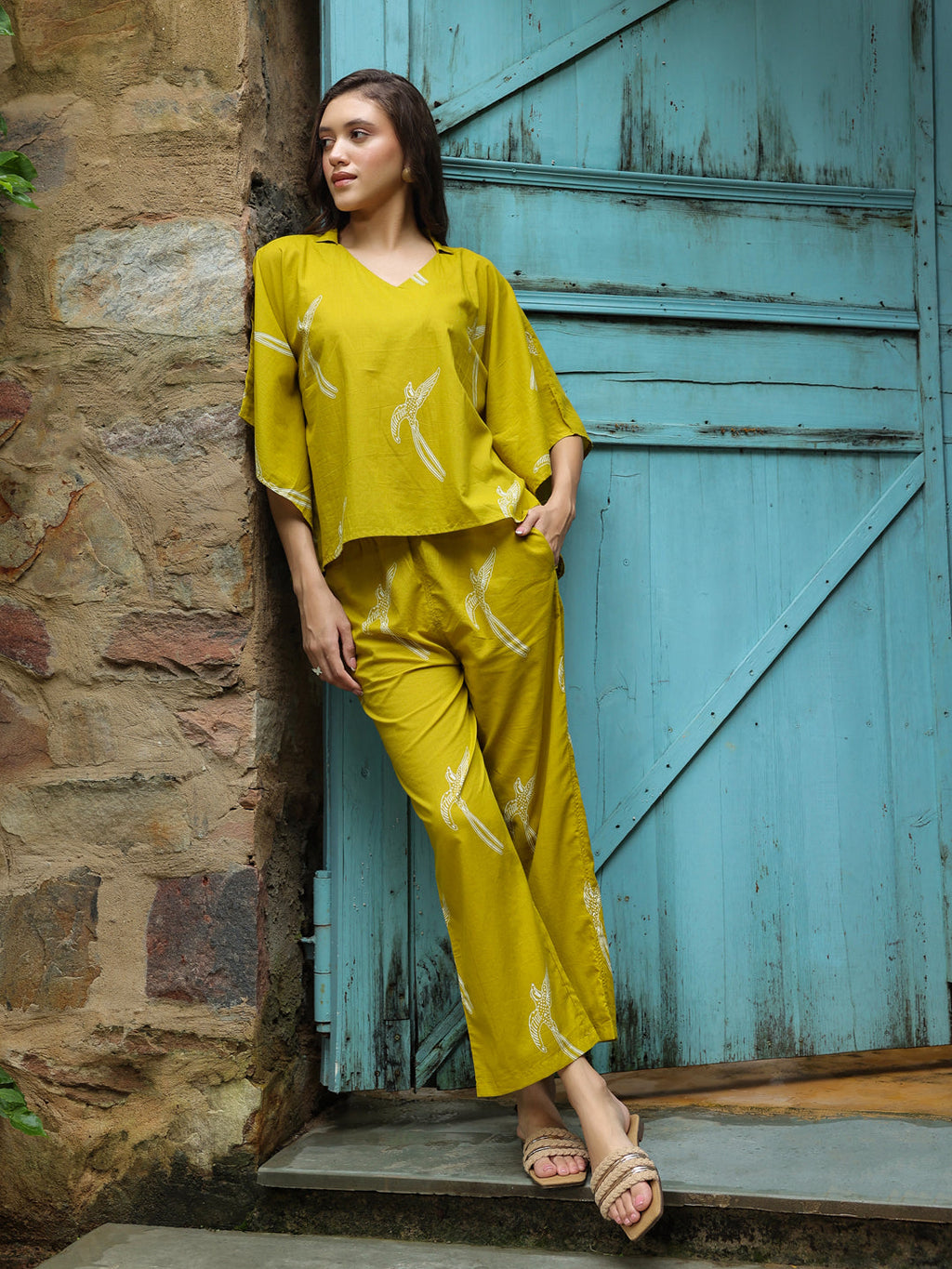 Yellow Printed Cotton Night Suit Set