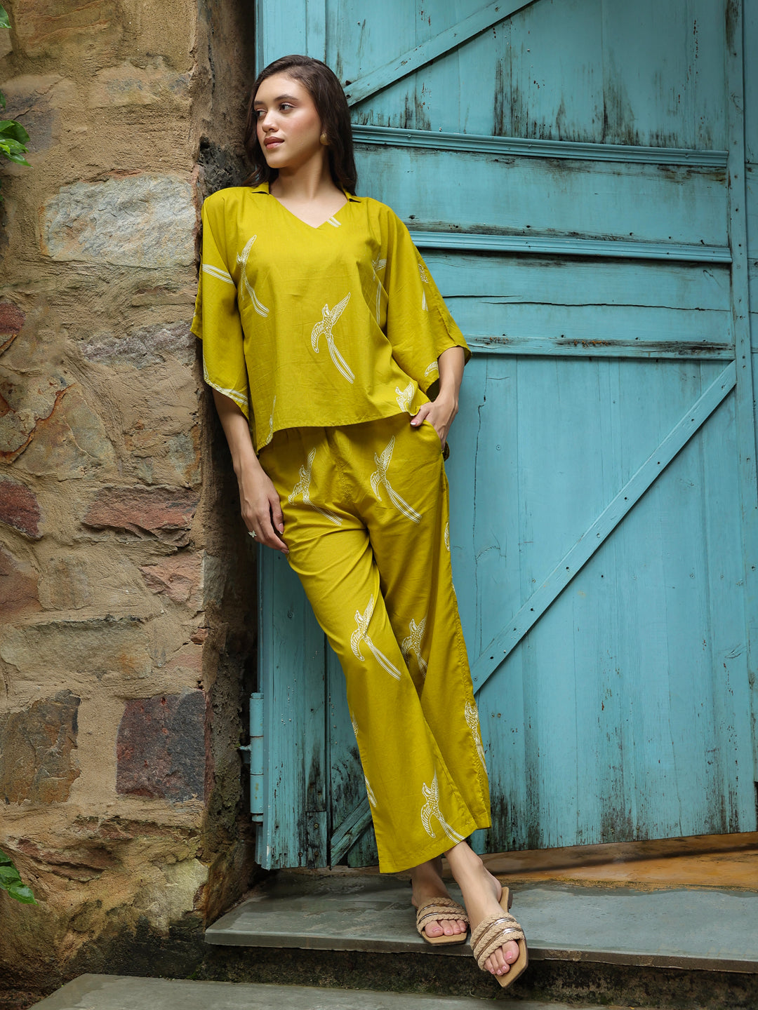 Yellow Printed Cotton Night Suit Set