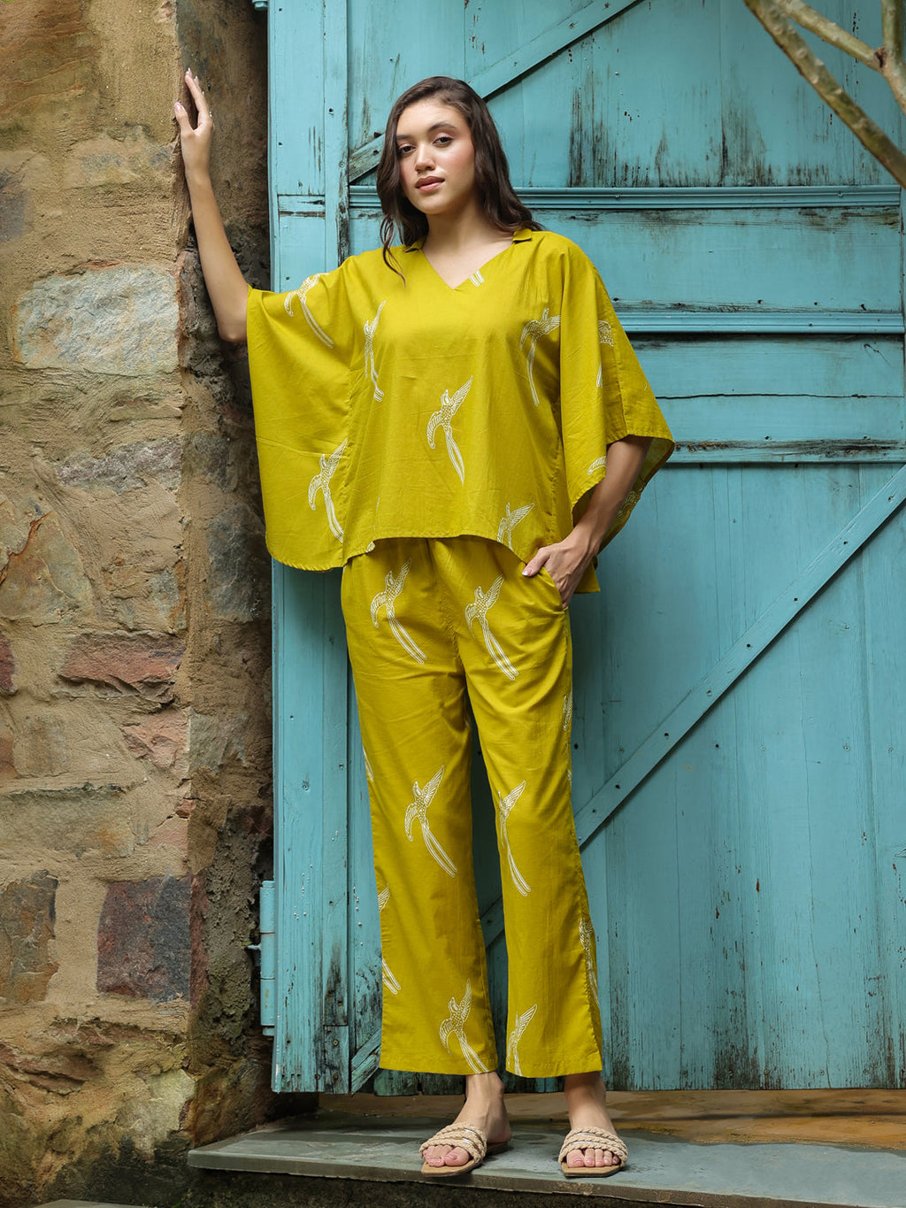Yellow Printed Cotton Night Suit Set