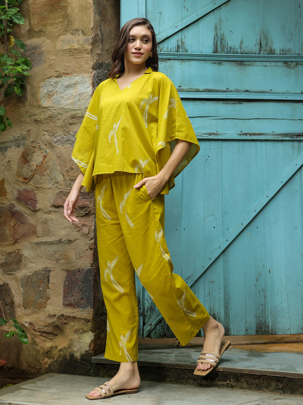 Yellow Printed Cotton Night Suit Set