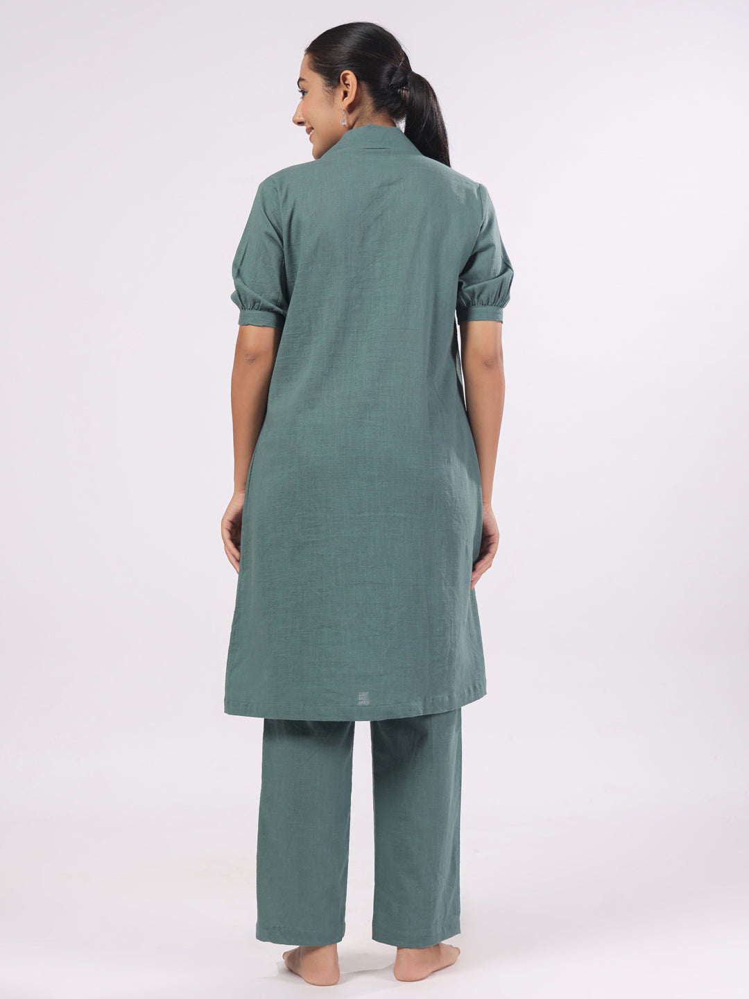 Women's Cotton Blend Dark Green Solid Print Night Suits