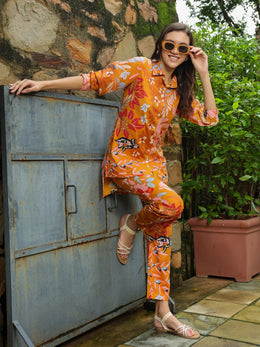 Orange Floral Printed Co-ords Set - SanskrutiHomes 